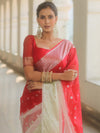 Banarasee Organza Saree With Silver Zari Design & Dual Color-Red & White