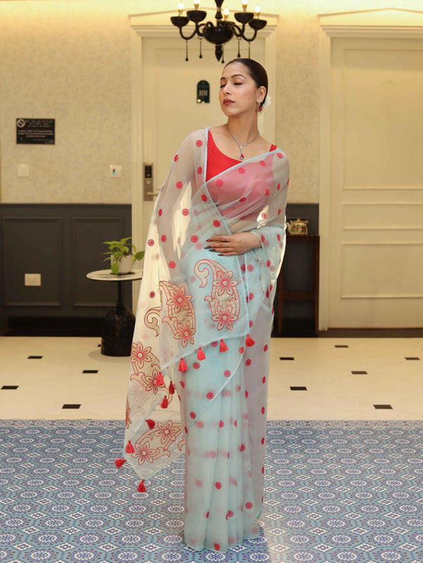 Banarasee Organza Mix Saree With Hand Embroidered Buta Work & Pallu-Pastel Blue