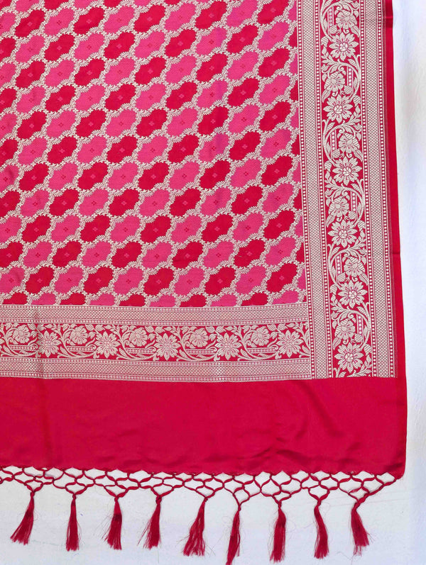 Banarasee Dual Color Katan Silk Zari Work Salwar Kameez Fabric With Dupatta Set-Red & Pink