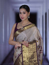 Banarasee Handloom Tissue Saree With Digital Floral Prints & Broad Border-Cream & Purple