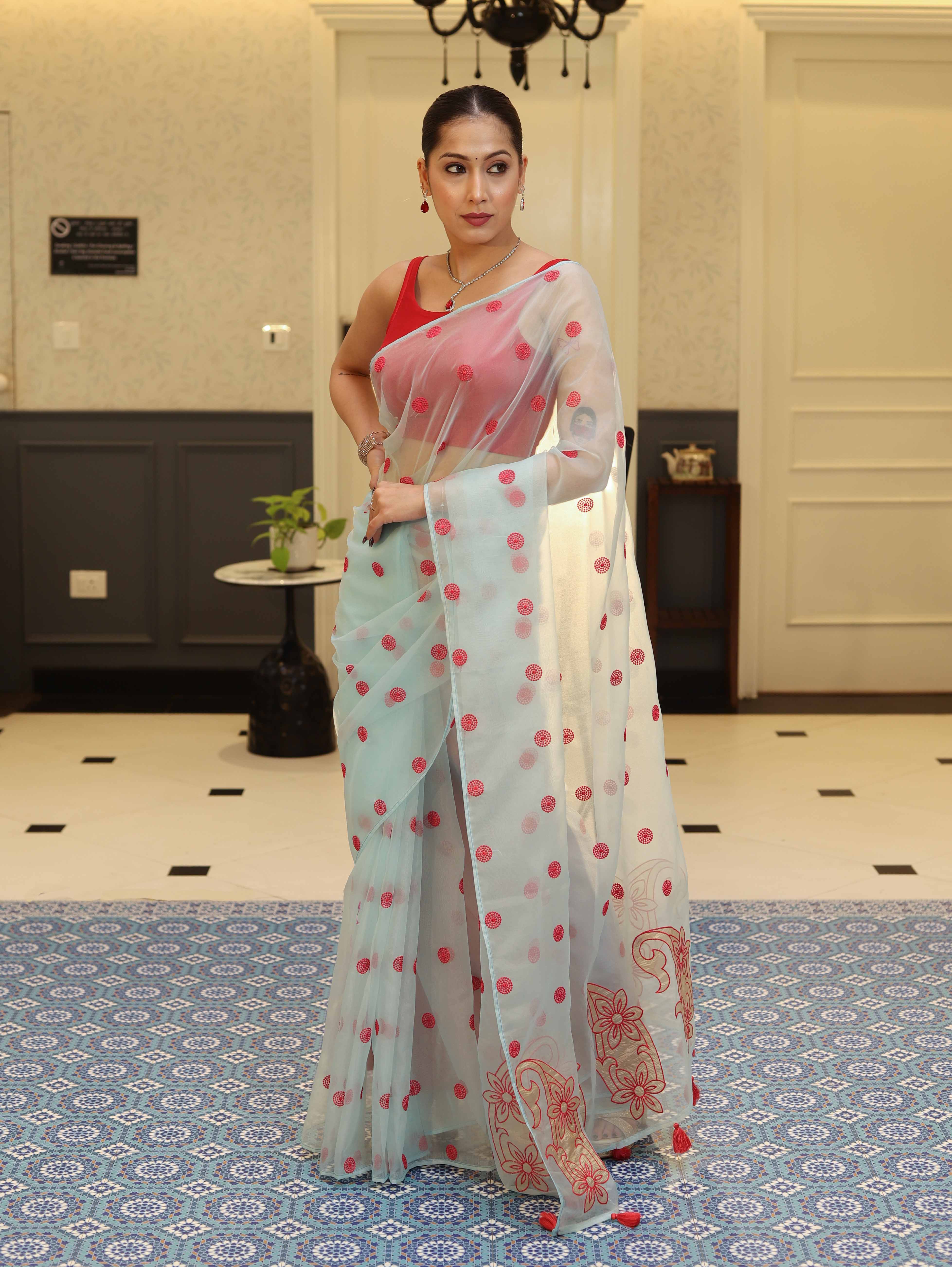 Banarasee Organza Mix Saree With Hand Embroidered Buta Work & Pallu-Pastel Blue
