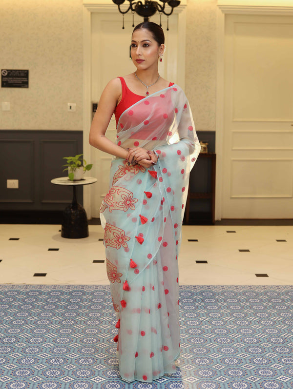 Banarasee Organza Mix Saree With Hand Embroidered Buta Work & Pallu-Pastel Blue