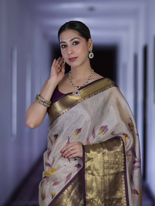 Banarasee Handloom Tissue Saree With Digital Floral Prints & Broad Border-Cream & Purple