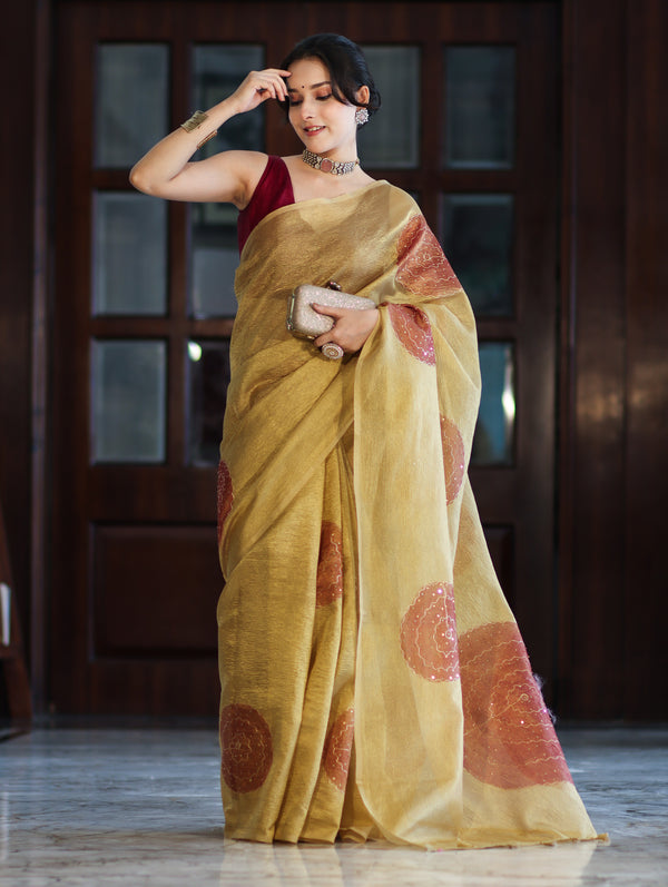 Banarasee Crushed Tissue Handwork Saree Work With Contrast Blouse-Gold