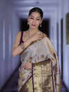 Banarasee Handloom Tissue Saree With Digital Floral Prints & Broad Border-Cream & Purple