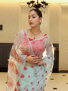 Banarasee Organza Mix Saree With Hand Embroidered Buta Work & Pallu-Pastel Blue