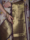 Banarasee Handloom Tissue Saree With Digital Floral Prints & Broad Border-Cream & Purple