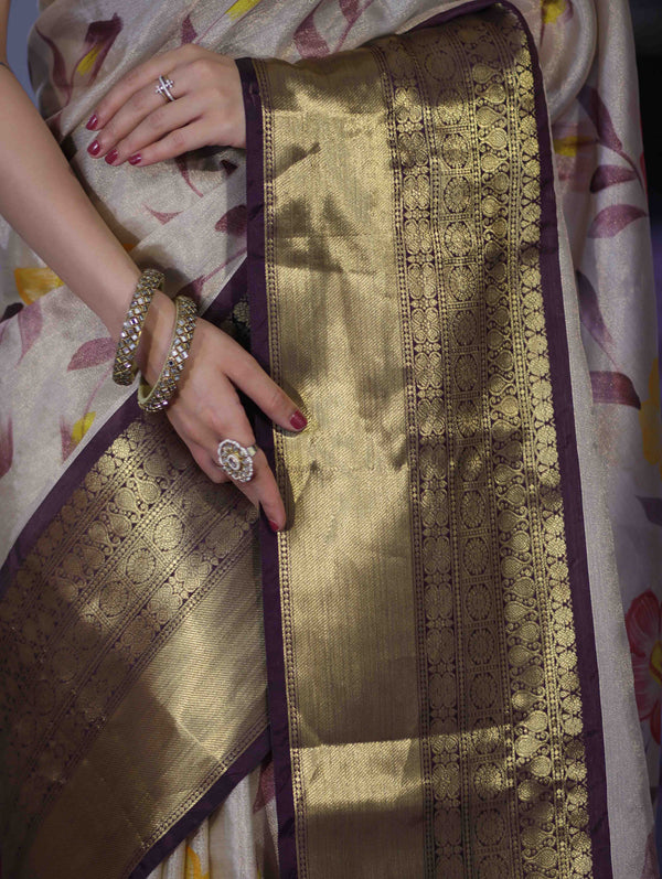 Banarasee Handloom Tissue Saree With Digital Floral Prints & Broad Border-Cream & Purple