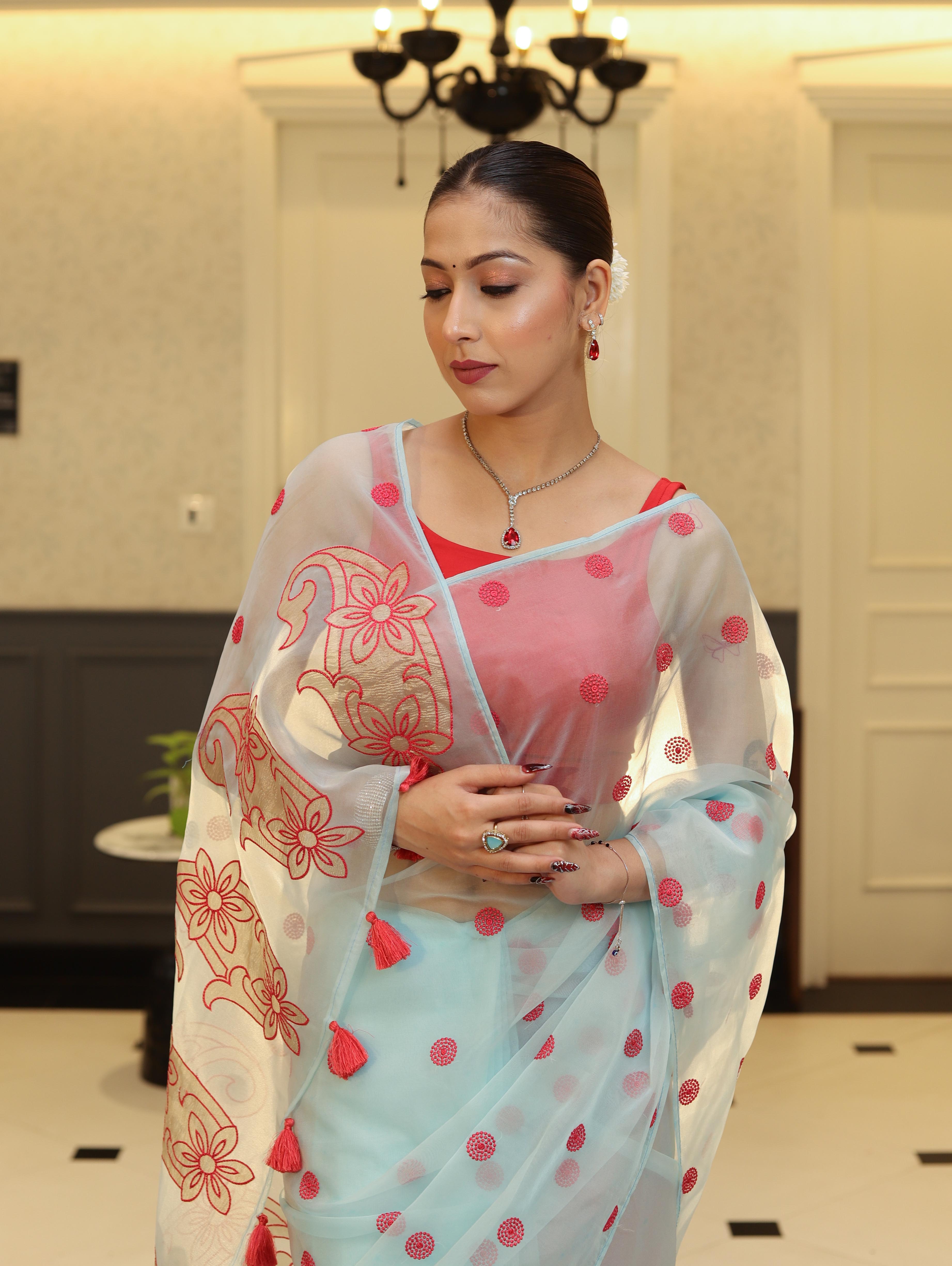 Banarasee Organza Mix Saree With Hand Embroidered Buta Work & Pallu-Pastel Blue
