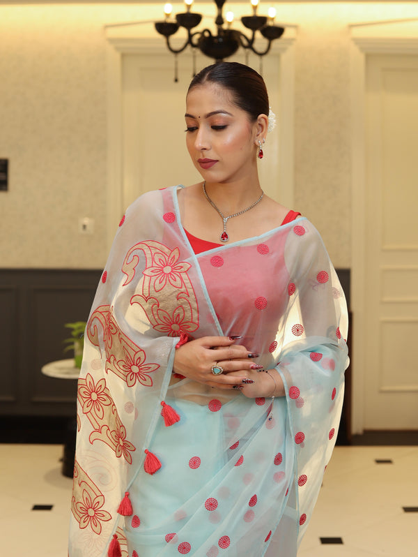 Banarasee Organza Mix Saree With Hand Embroidered Buta Work & Pallu-Pastel Blue