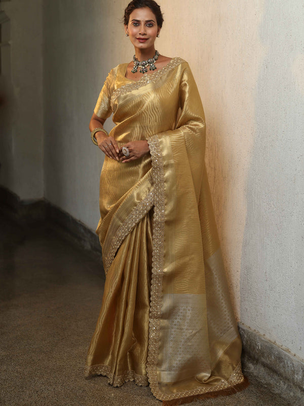 Banarasee Handwoven Tissue Saree With Zari Border & Lace-Gold