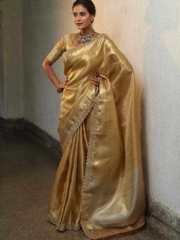 Banarasee Handwoven Tissue Saree With Zari Border & Lace-Gold