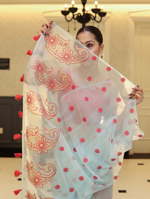 Banarasee Organza Mix Saree With Hand Embroidered Buta Work & Pallu-Pastel Blue