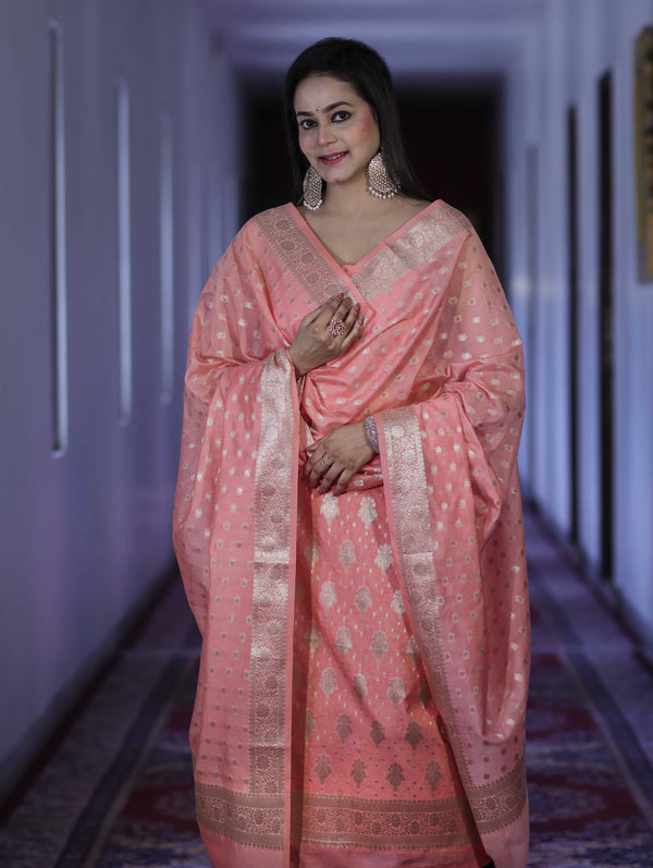 Banarasee Faux Georgette Zari Work Salwar Kameez Fabric With Dupatta Set-Peach