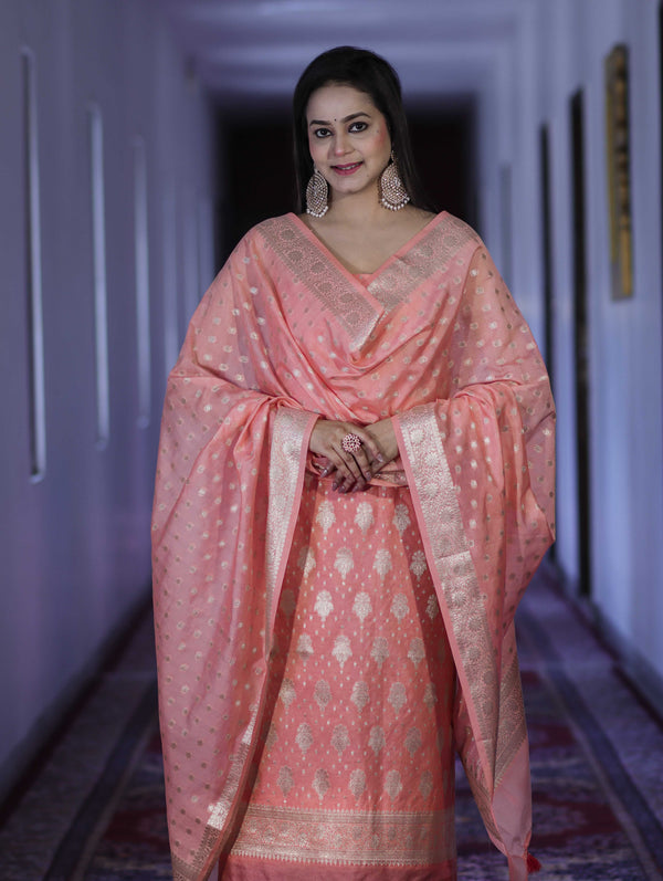 Banarasee Faux Georgette Zari Work Salwar Kameez Fabric With Dupatta Set-Peach