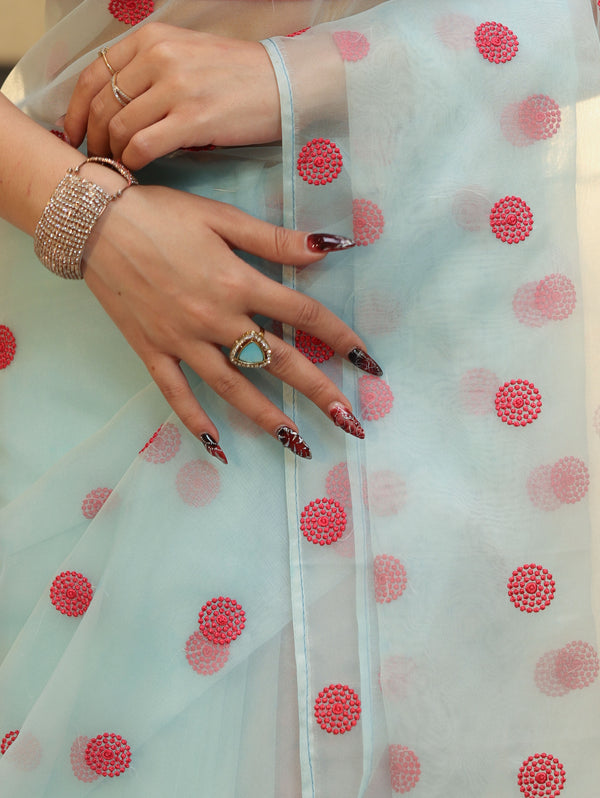 Banarasee Organza Mix Saree With Hand Embroidered Buta Work & Pallu-Pastel Blue
