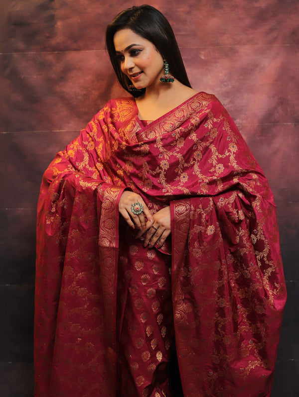 Banarasee Salwar Kameez Semi Katan Silk Fabric With Zari Work-Magenta