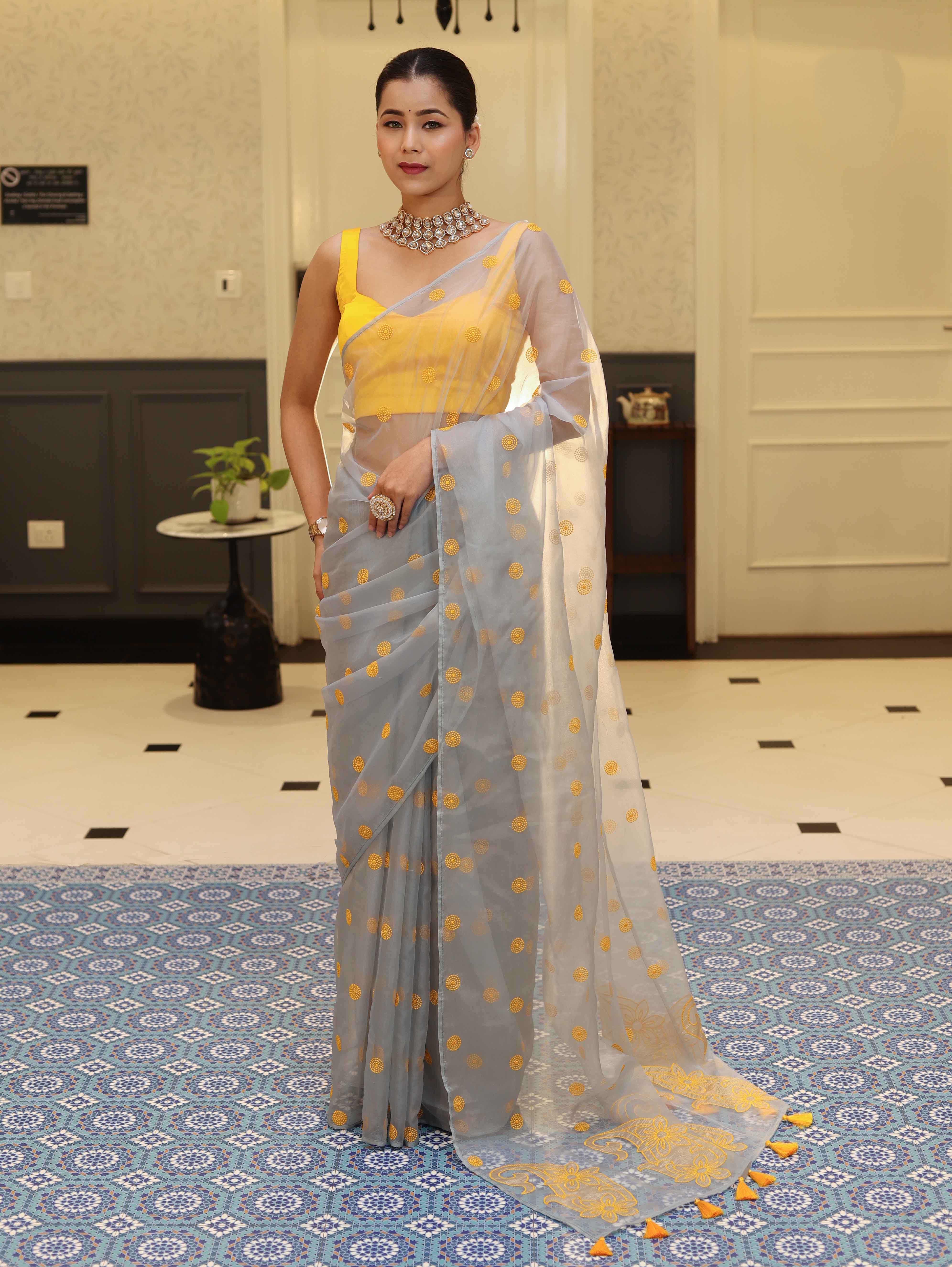 Banarasee Organza Mix Saree With Embroidered Buta & Applique Work Pallu-Light Blue