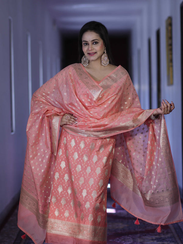 Banarasee Faux Georgette Zari Work Salwar Kameez Fabric With Dupatta Set-Peach