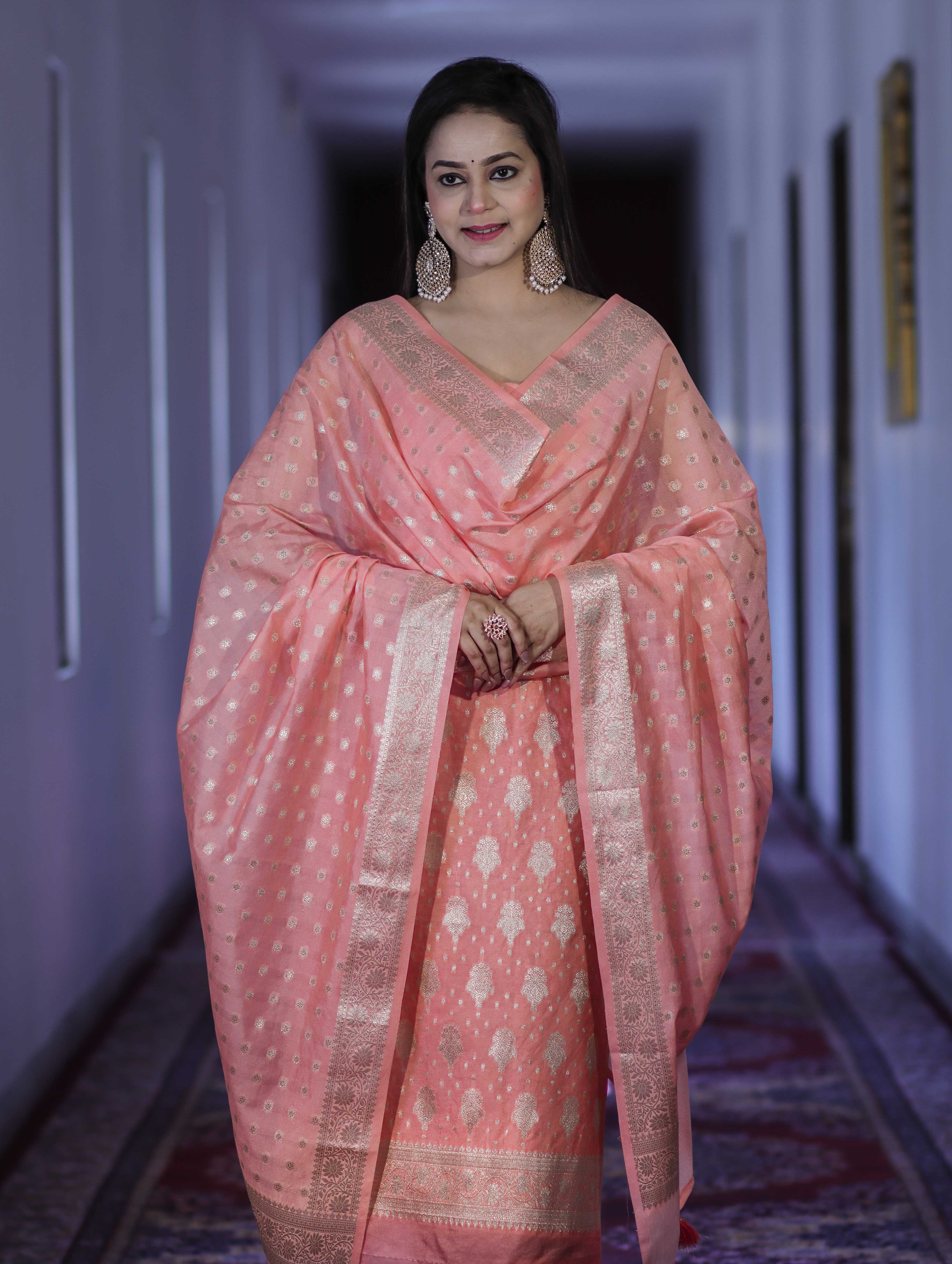 Banarasee Faux Georgette Zari Work Salwar Kameez Fabric With Dupatta Set-Peach
