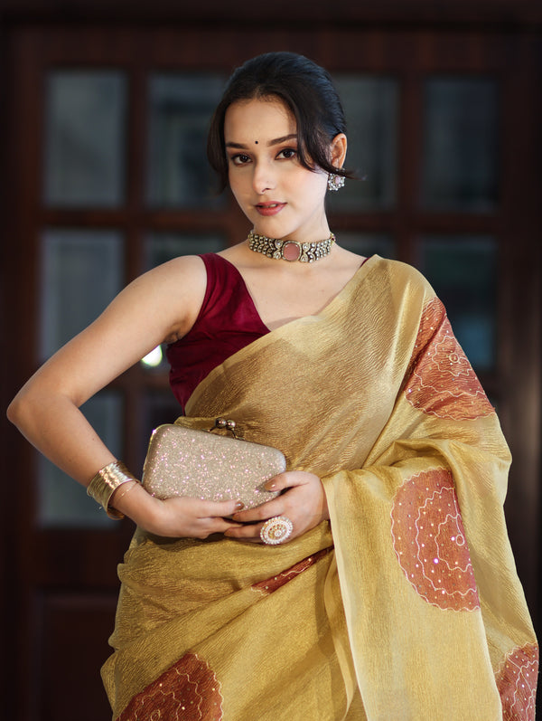 Banarasee Crushed Tissue Handwork Saree Work With Contrast Blouse-Gold