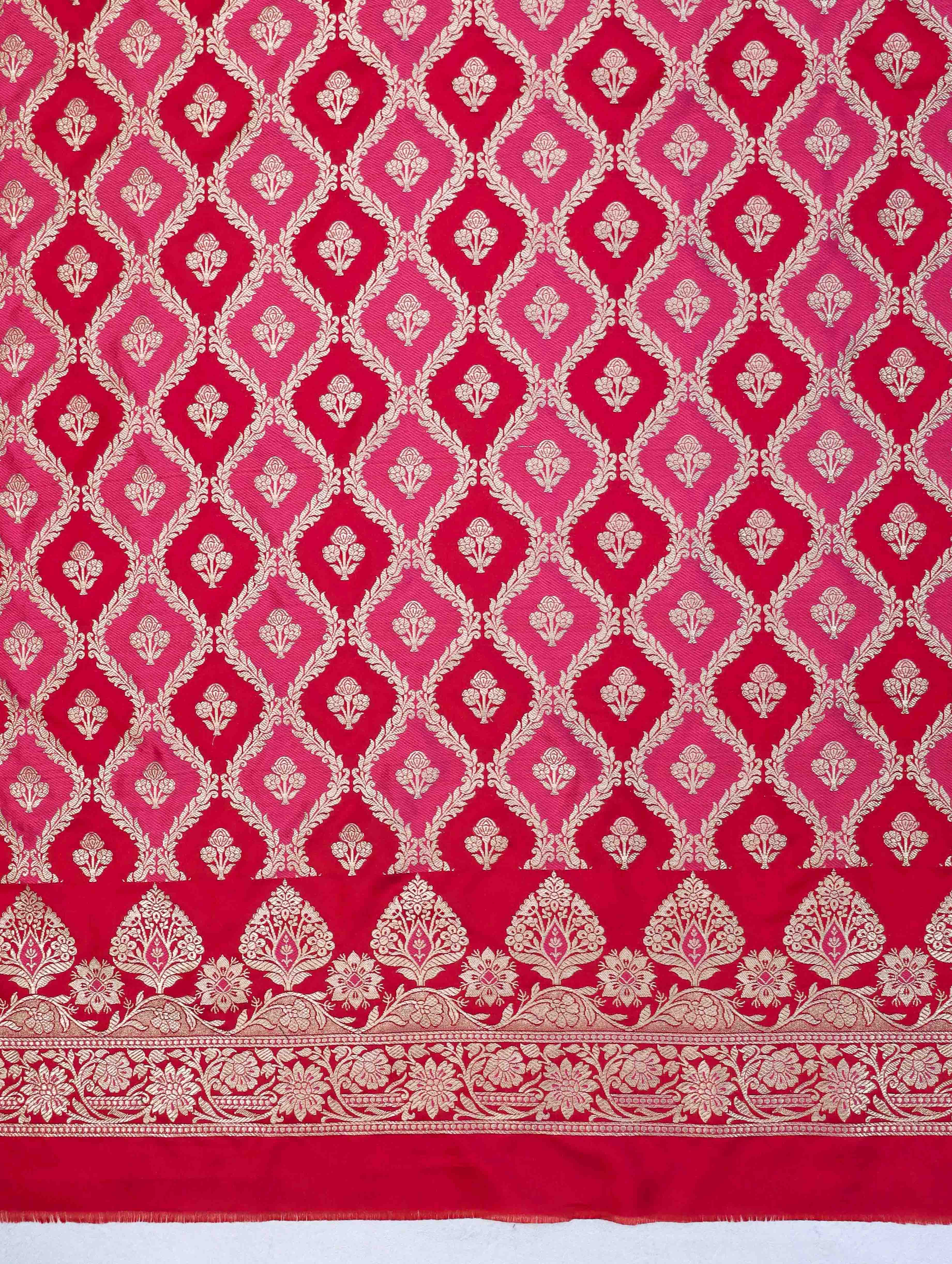 Banarasee Dual Color Katan Silk Zari Work Salwar Kameez Fabric With Dupatta Set-Red & Pink