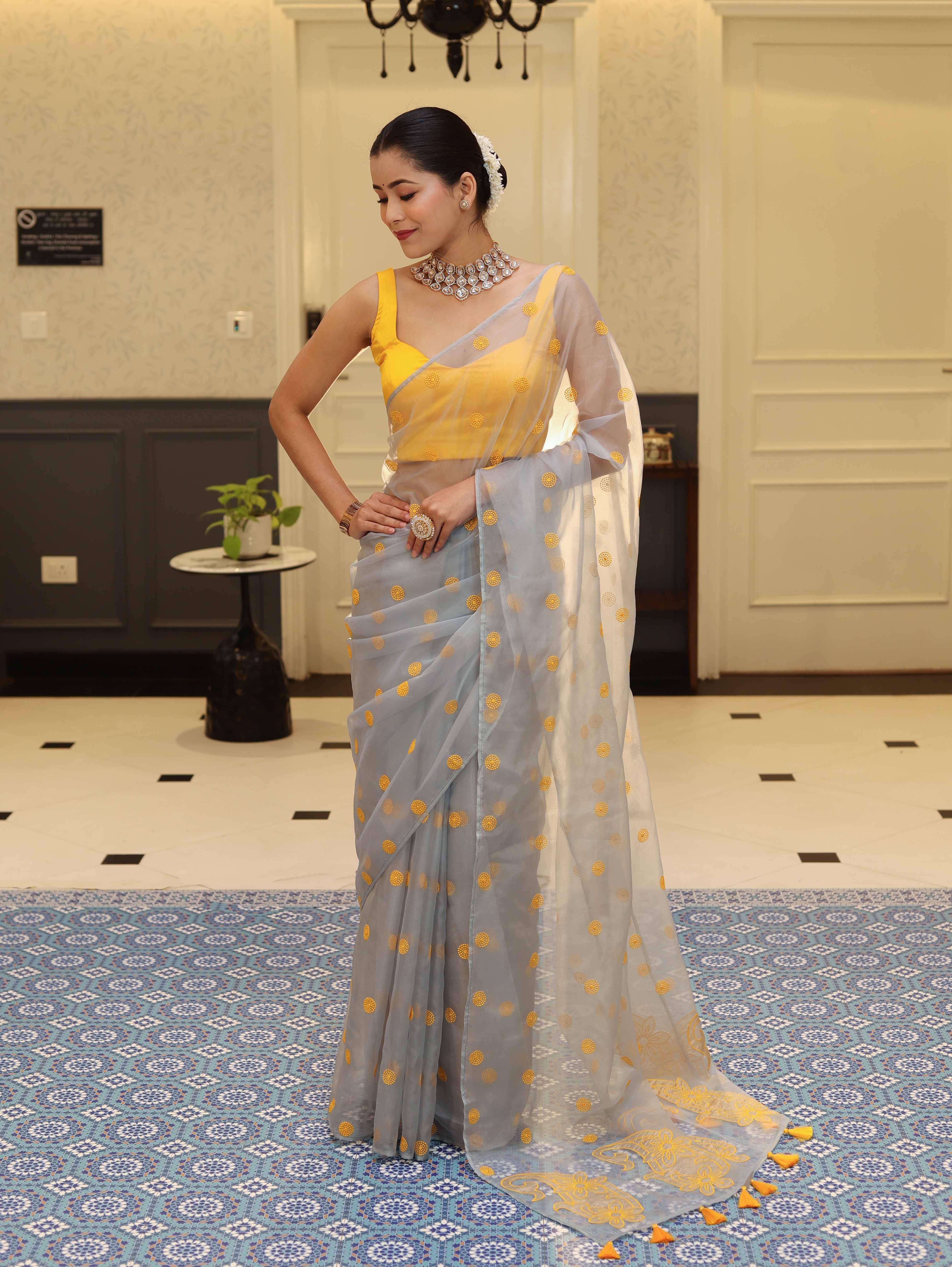 Banarasee Organza Mix Saree With Embroidered Buta & Applique Work Pallu-Light Blue