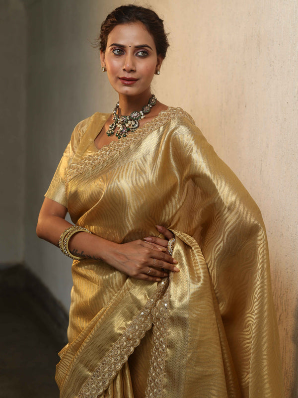 Banarasee Handwoven Tissue Saree With Zari Border & Lace-Gold