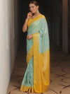 Banarasee Georgette Saree With Zari Work & Contrast Border-Blue & Yellow