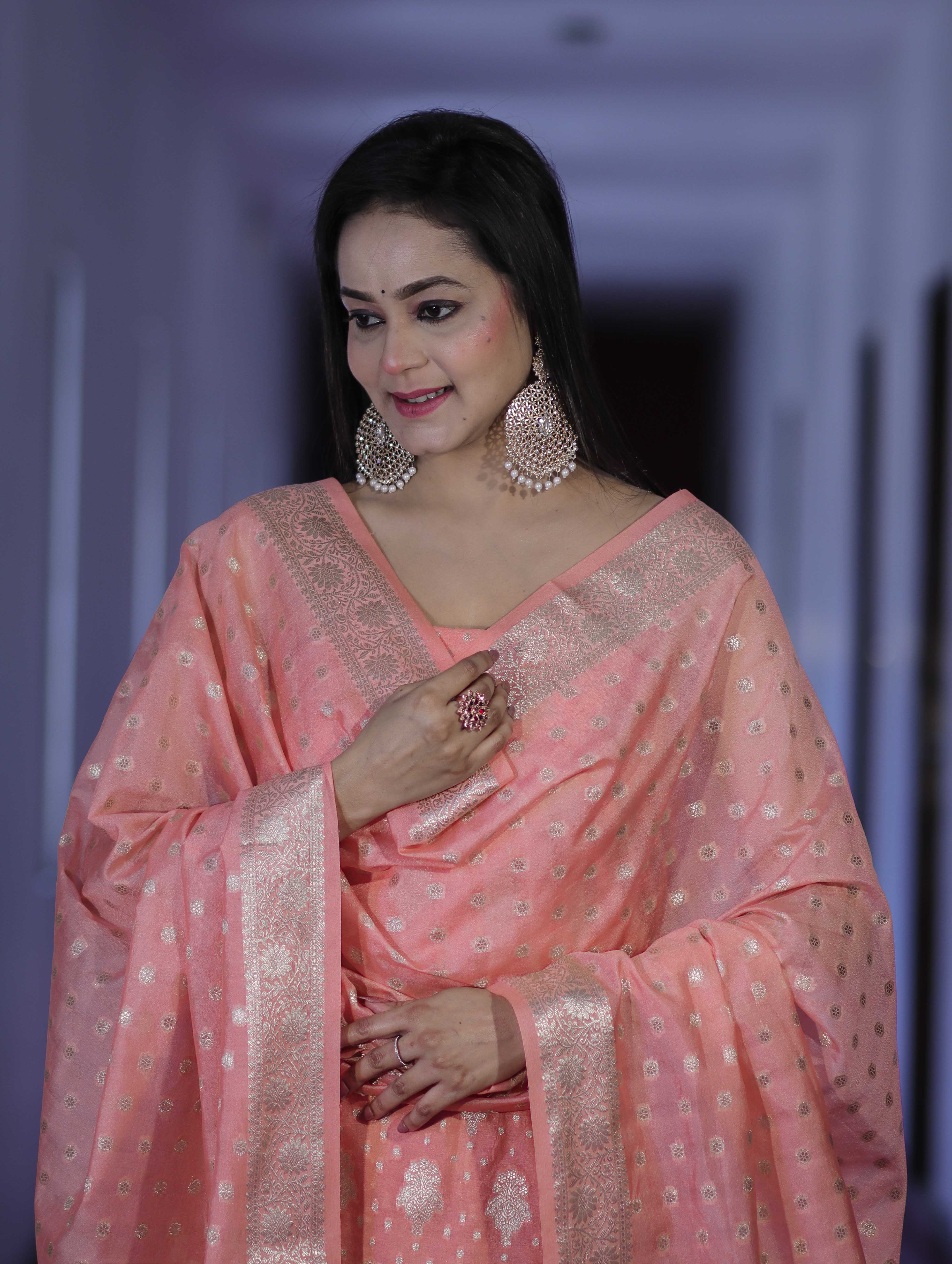 Banarasee Faux Georgette Zari Work Salwar Kameez Fabric With Dupatta Set-Peach