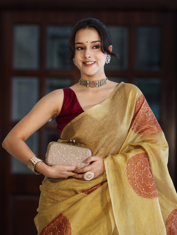 Banarasee Crushed Tissue Handwork Saree Work With Contrast Blouse-Gold