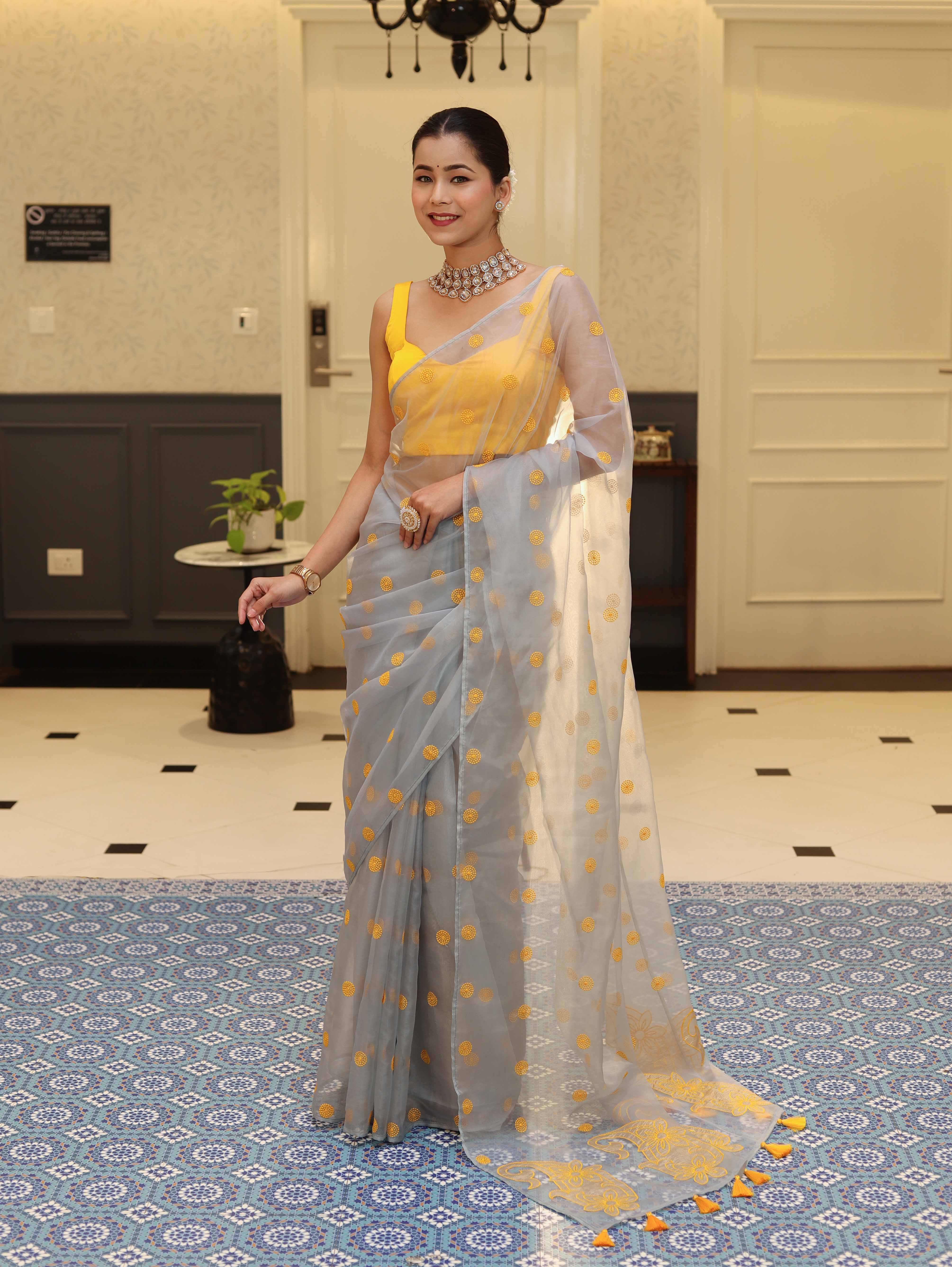 Banarasee Organza Mix Saree With Embroidered Buta & Applique Work Pallu-Light Blue