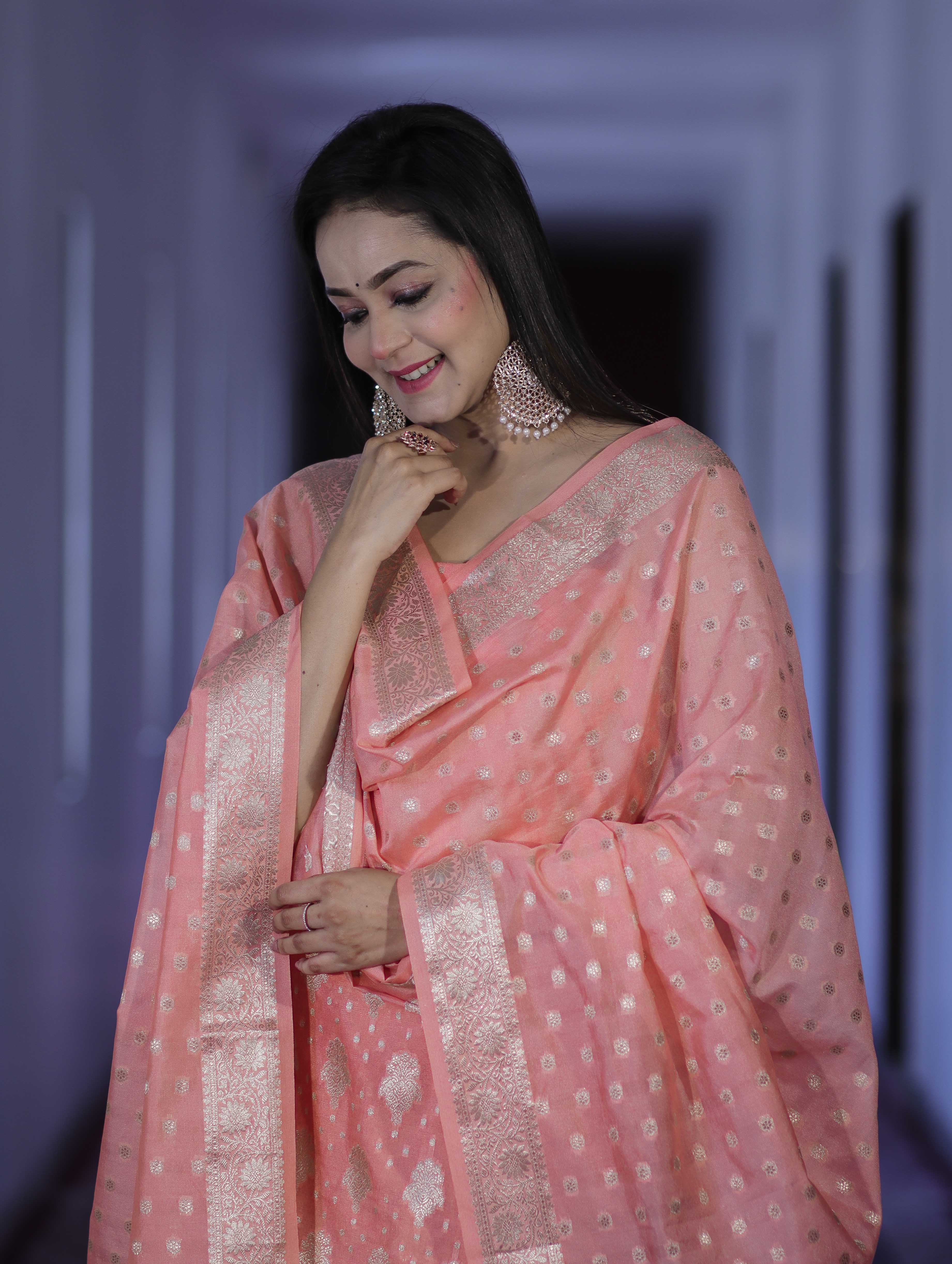 Banarasee Faux Georgette Zari Work Salwar Kameez Fabric With Dupatta Set-Peach