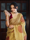 Banarasee Crushed Tissue Handwork Saree Work With Contrast Blouse-Gold