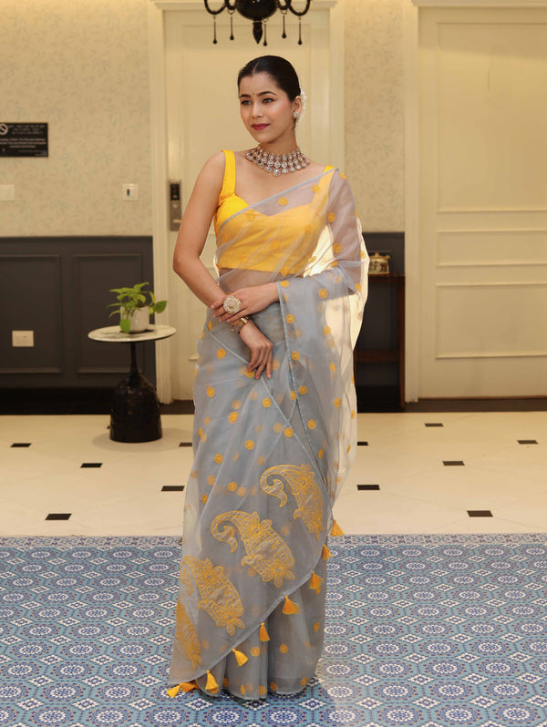 Banarasee Organza Mix Saree With Embroidered Buta & Applique Work Pallu-Light Blue