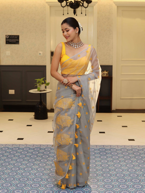 Banarasee Organza Mix Saree With Embroidered Buta & Applique Work Pallu-Light Blue