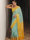 Banarasee Georgette Saree With Zari Work & Contrast Border-Blue & Yellow