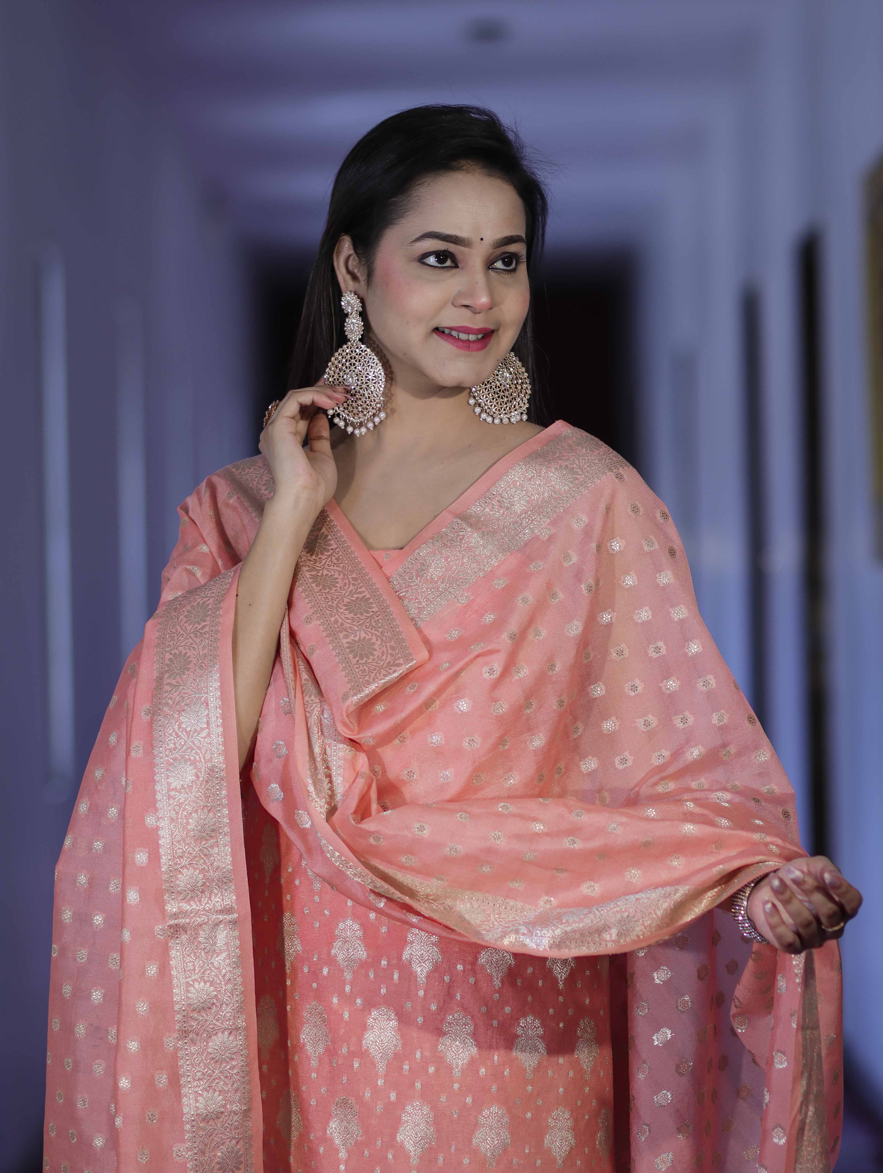 Banarasee Faux Georgette Zari Work Salwar Kameez Fabric With Dupatta Set-Peach