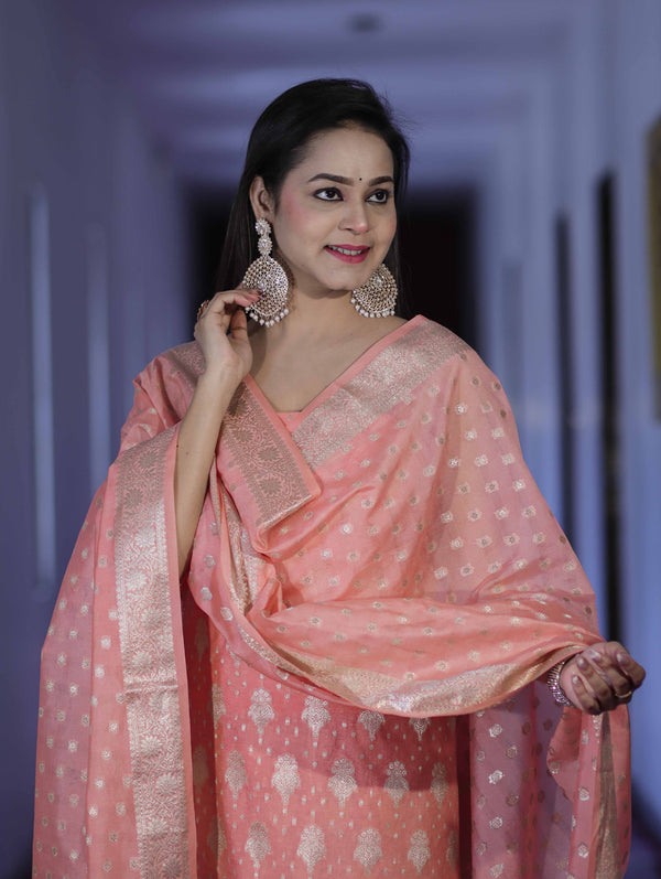 Banarasee Faux Georgette Zari Work Salwar Kameez Fabric With Dupatta Set-Peach