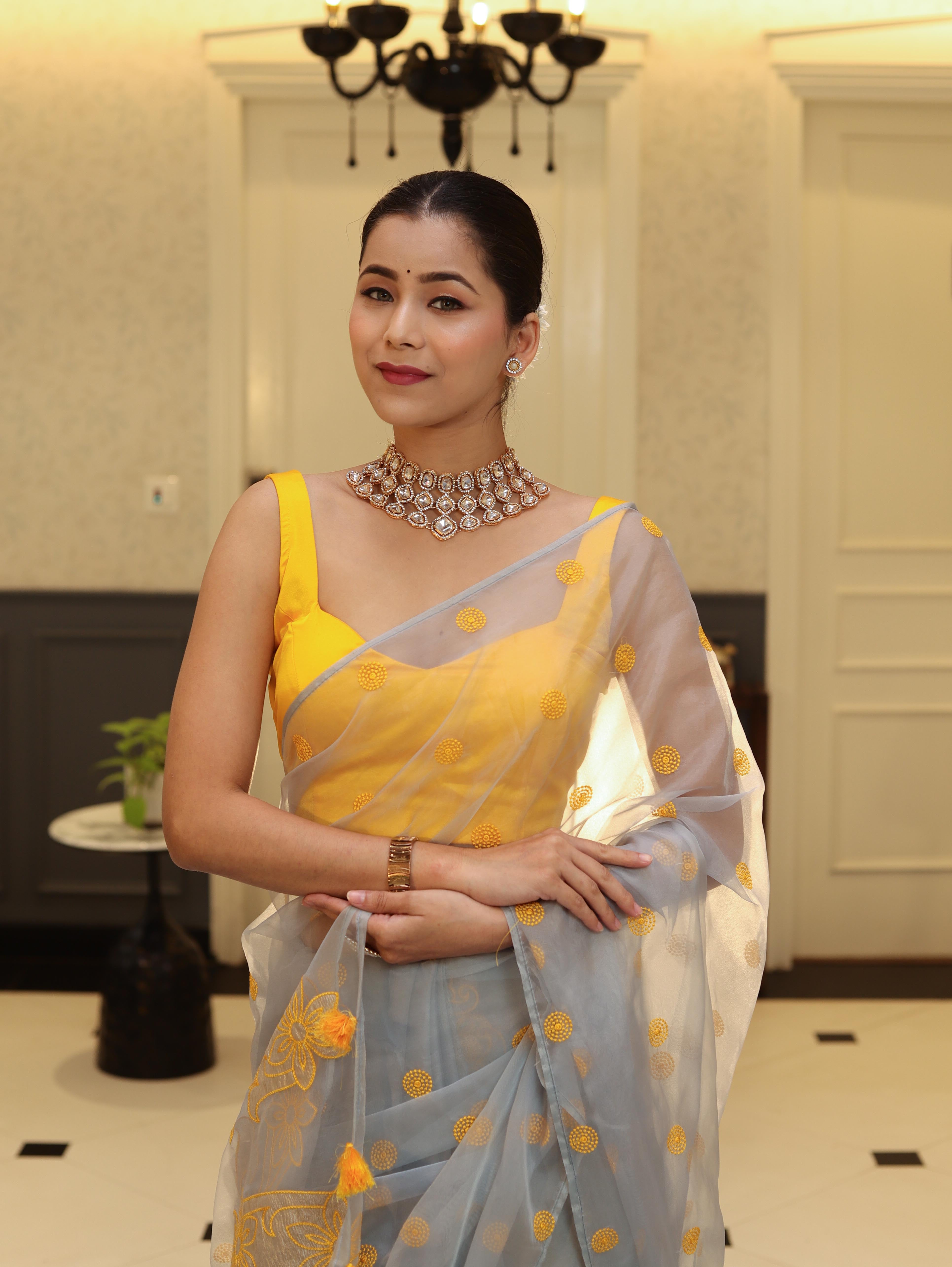 Banarasee Organza Mix Saree With Embroidered Buta & Applique Work Pallu-Light Blue