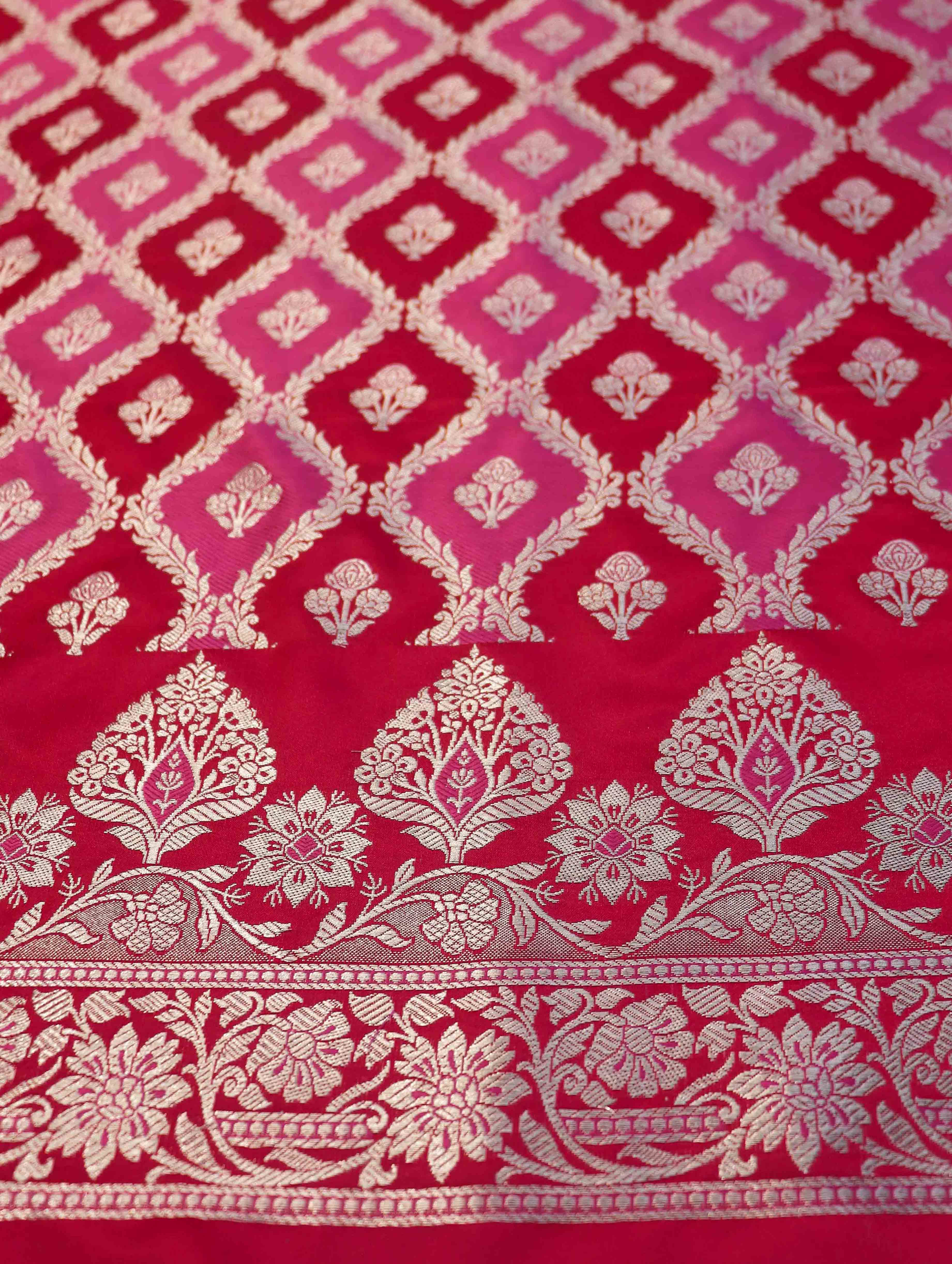 Banarasee Dual Color Katan Silk Zari Work Salwar Kameez Fabric With Dupatta Set-Red & Pink