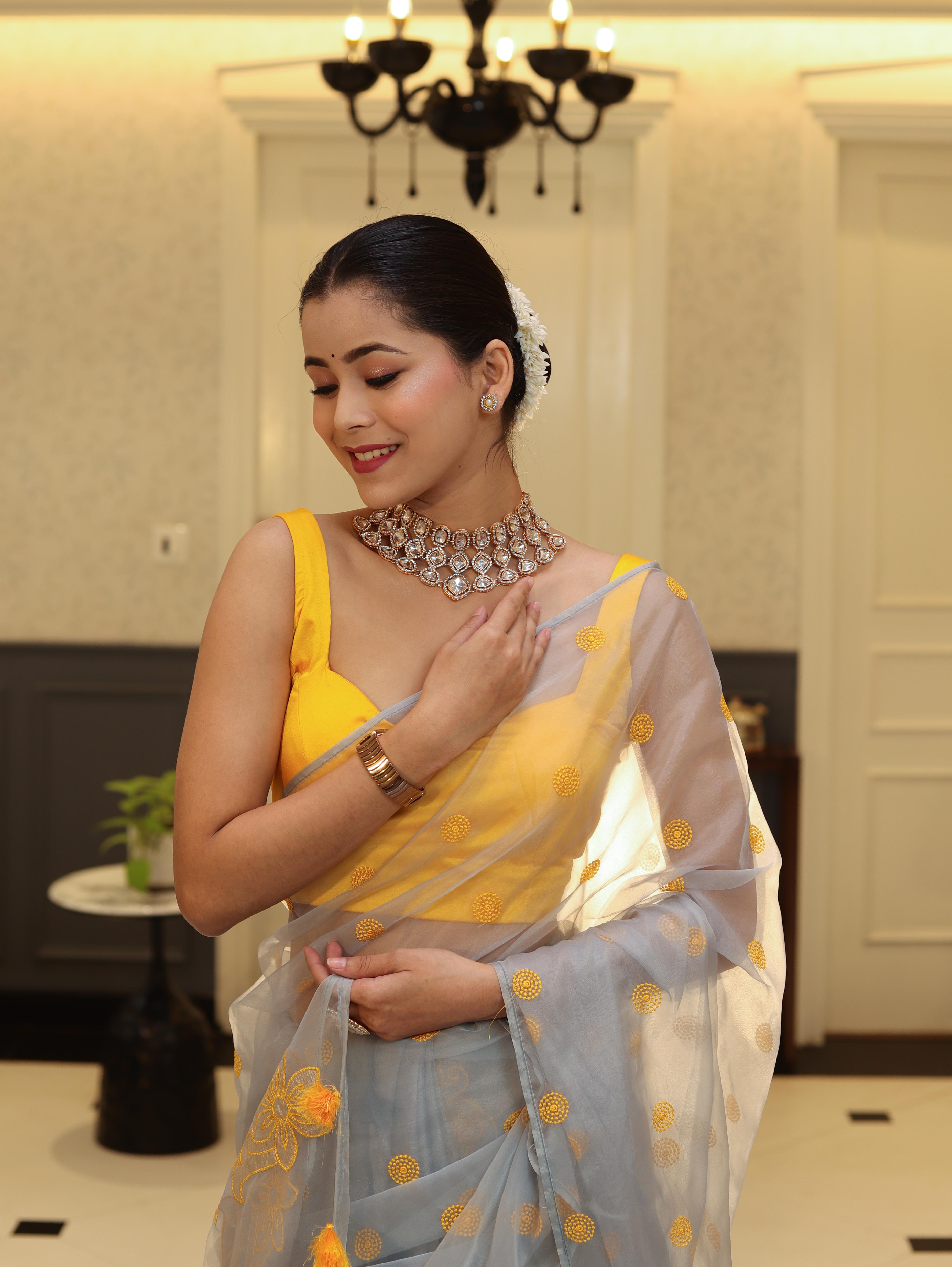 Banarasee Organza Mix Saree With Embroidered Buta & Applique Work Pallu-Light Blue