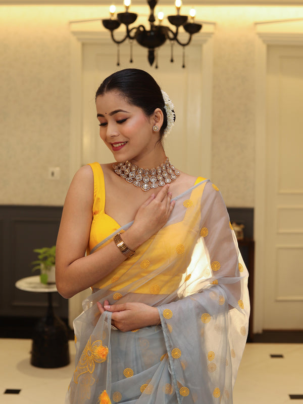 Banarasee Organza Mix Saree With Embroidered Buta & Applique Work Pallu-Light Blue