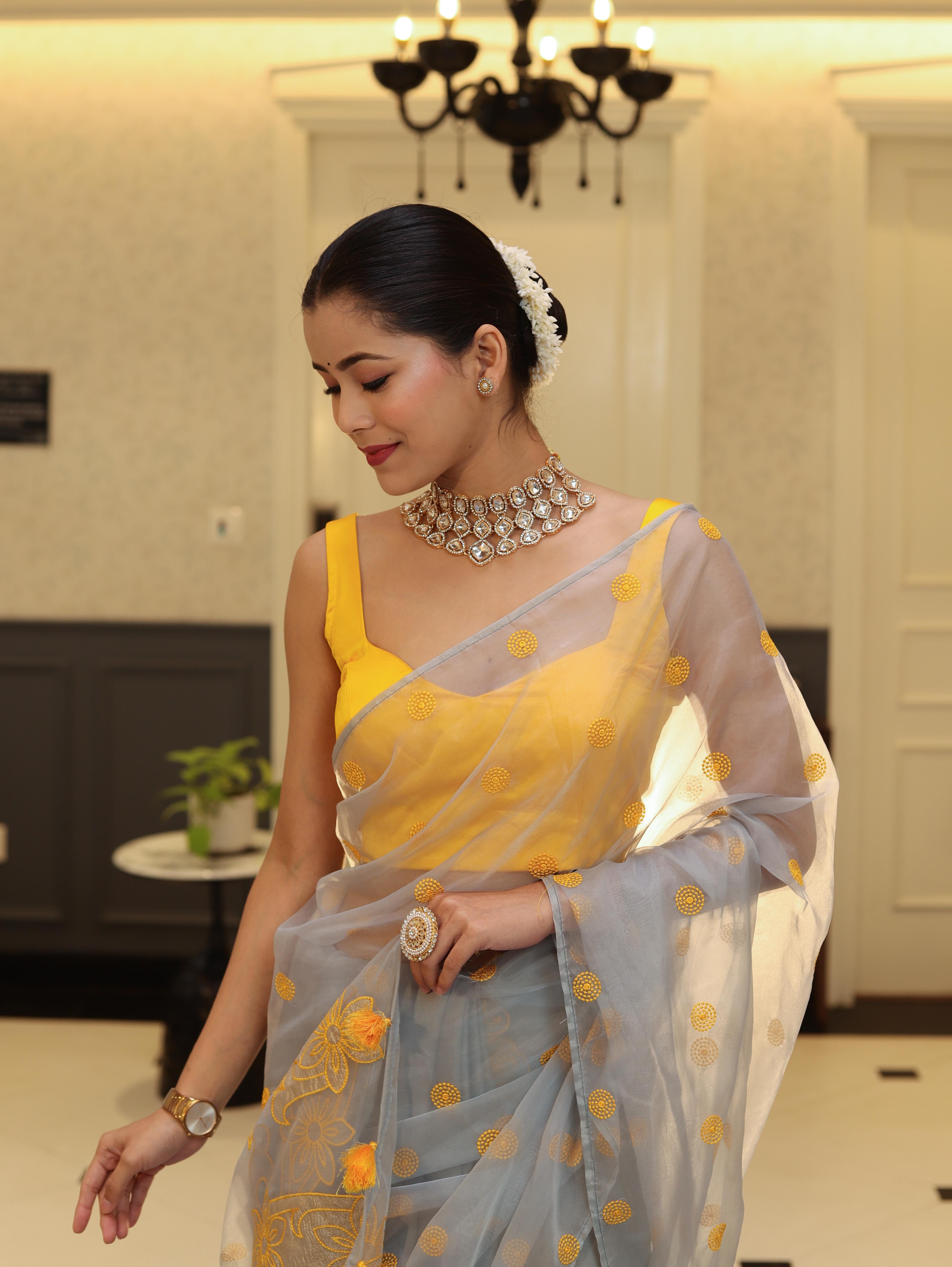 Banarasee Organza Mix Saree With Embroidered Buta & Applique Work Pallu-Light Blue
