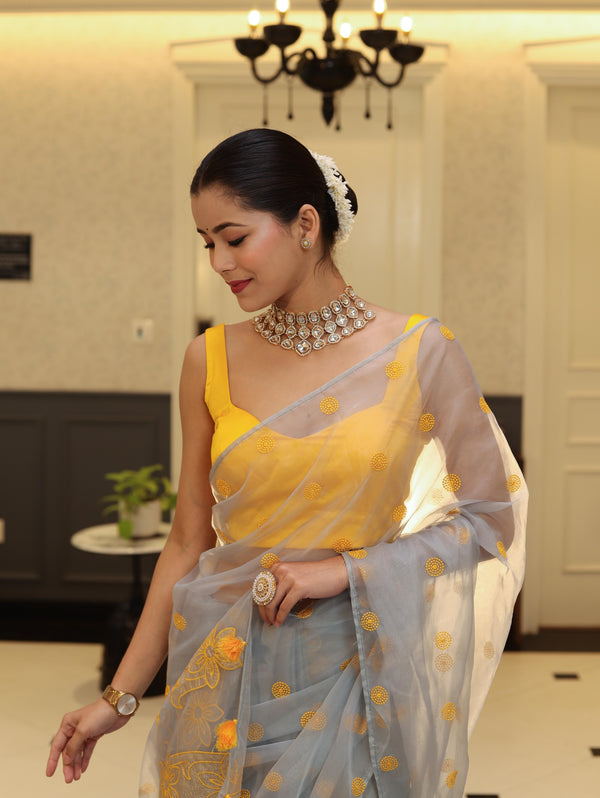 Banarasee Organza Mix Saree With Embroidered Buta & Applique Work Pallu-Light Blue