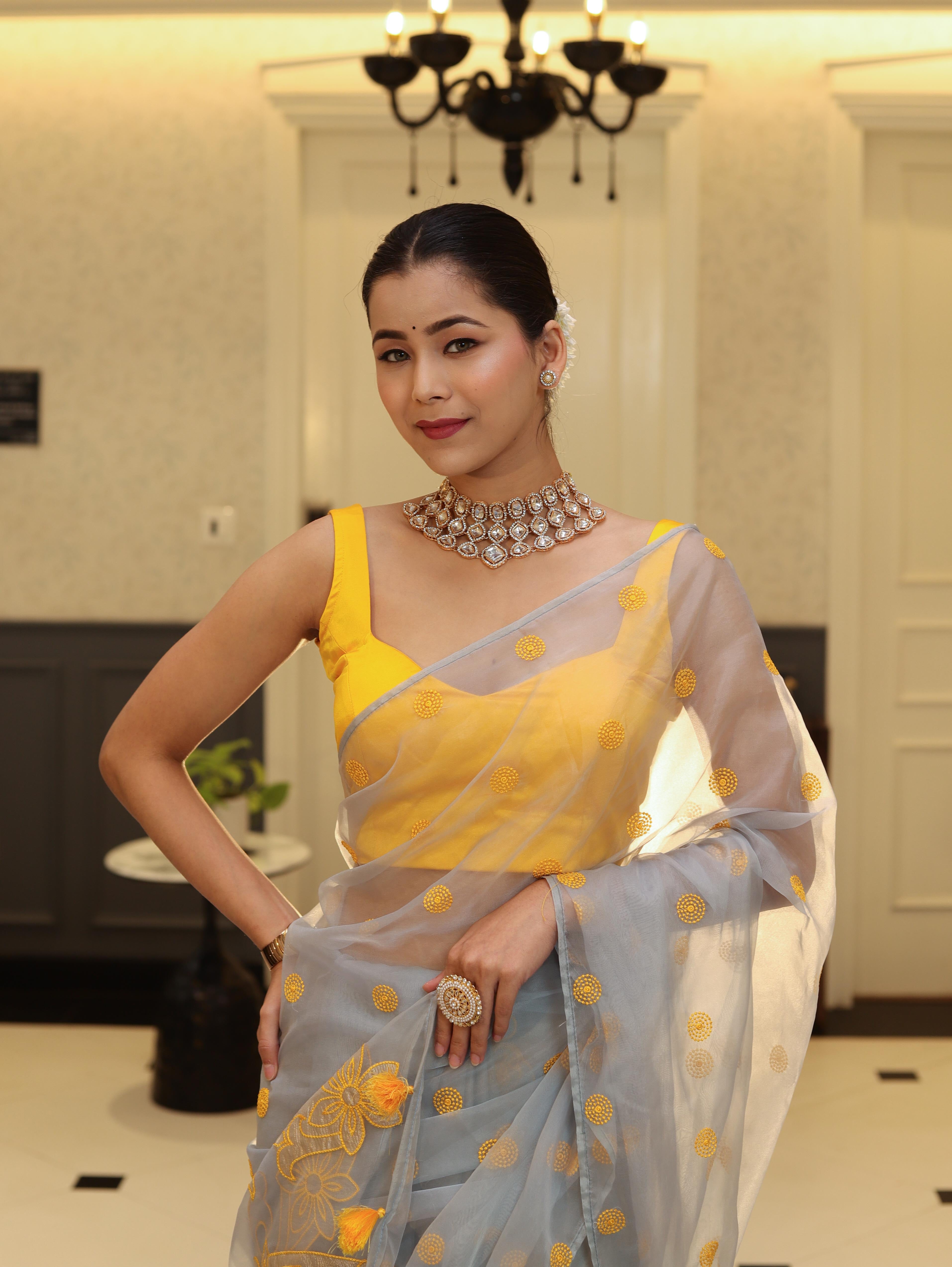 Banarasee Organza Mix Saree With Embroidered Buta & Applique Work Pallu-Light Blue