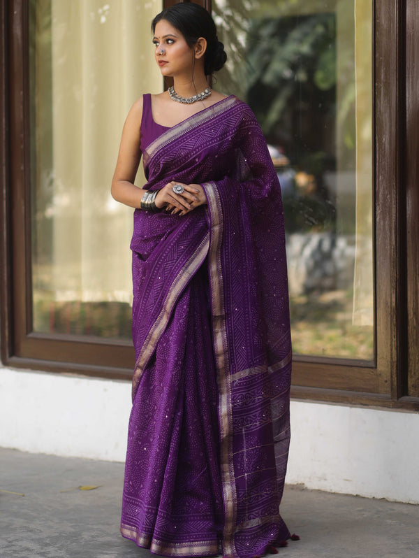 Handloom Maheshwari Silk Bagru Block Printed Mirror Work Saree-Violet