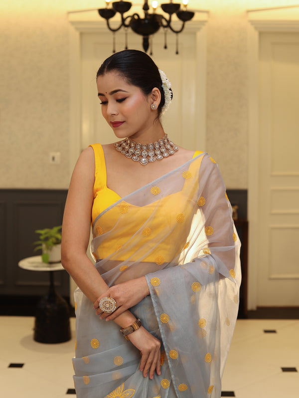 Banarasee Organza Mix Saree With Embroidered Buta & Applique Work Pallu-Light Blue