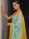 Banarasee Georgette Saree With Zari Work & Contrast Border-Blue & Yellow