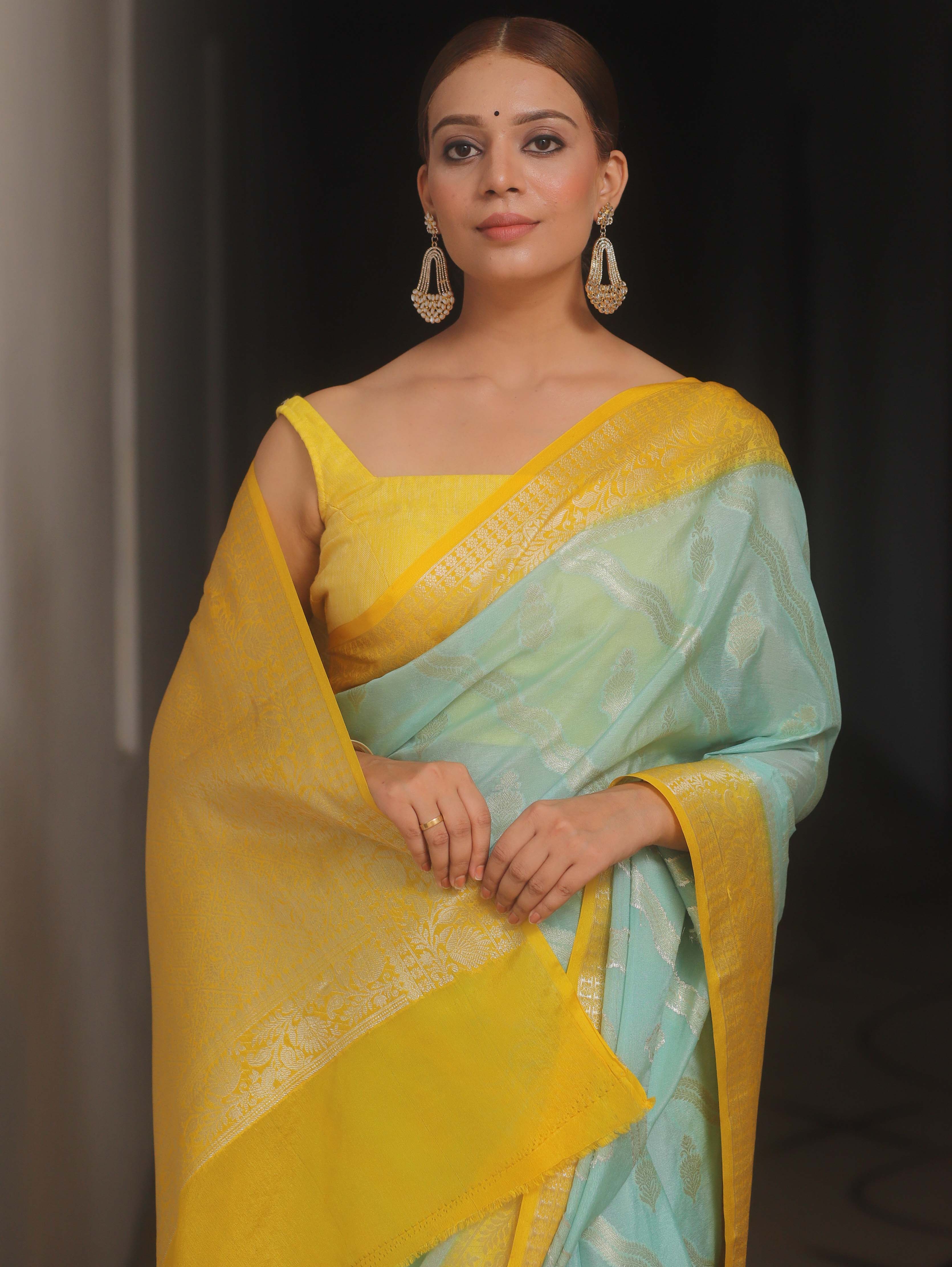 Banarasee Georgette Saree With Zari Work & Contrast Border-Blue & Yellow